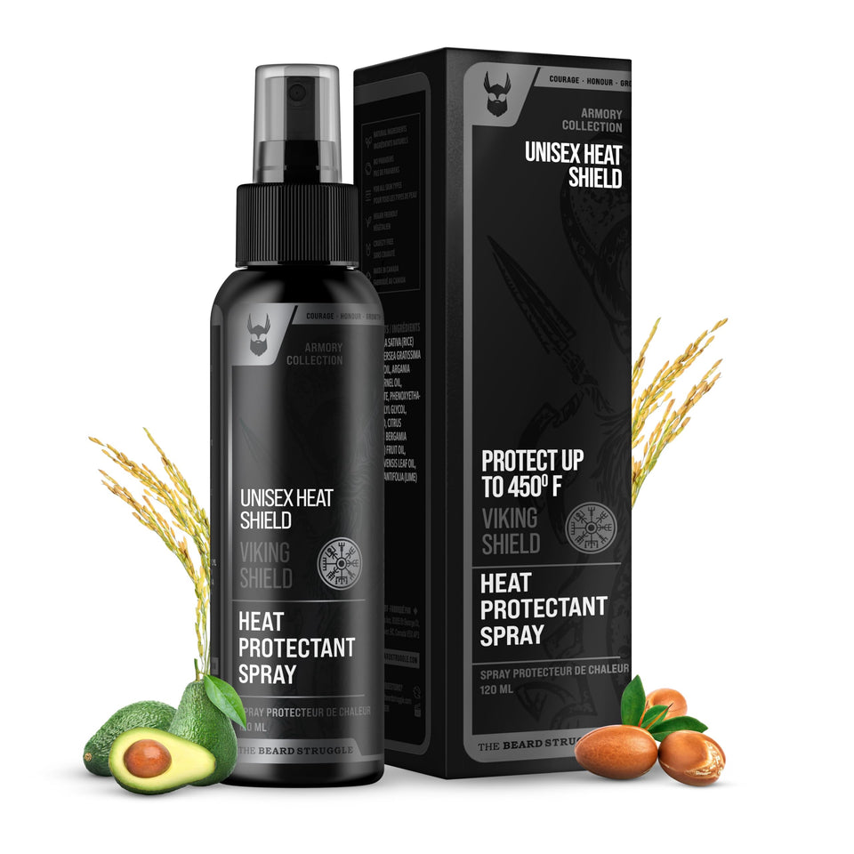The Beard Struggle front bottle shot showing Viking Shield protecting hair