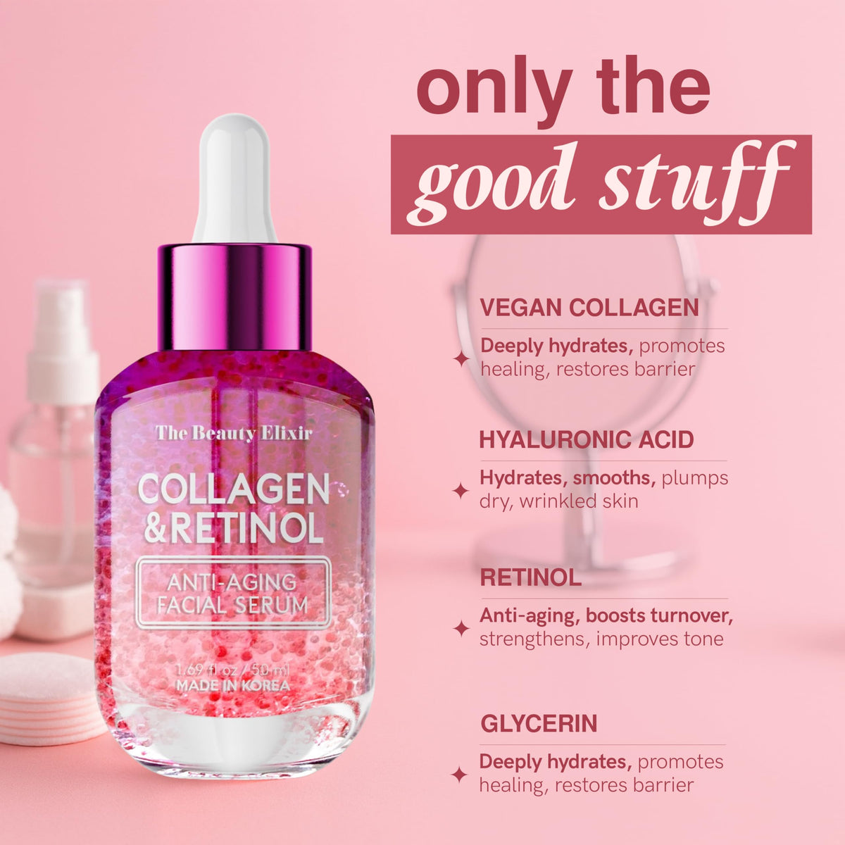 The Beauty Elixir bottle label detail highlighting ingredients and clean-beauty credentials