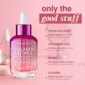 The Beauty Elixir bottle label detail highlighting ingredients and clean-beauty credentials