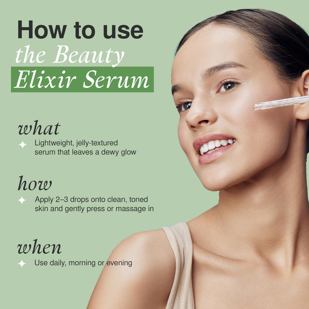 The Beauty Elixir dropper dispensing serum demonstrating easy, mess-free application