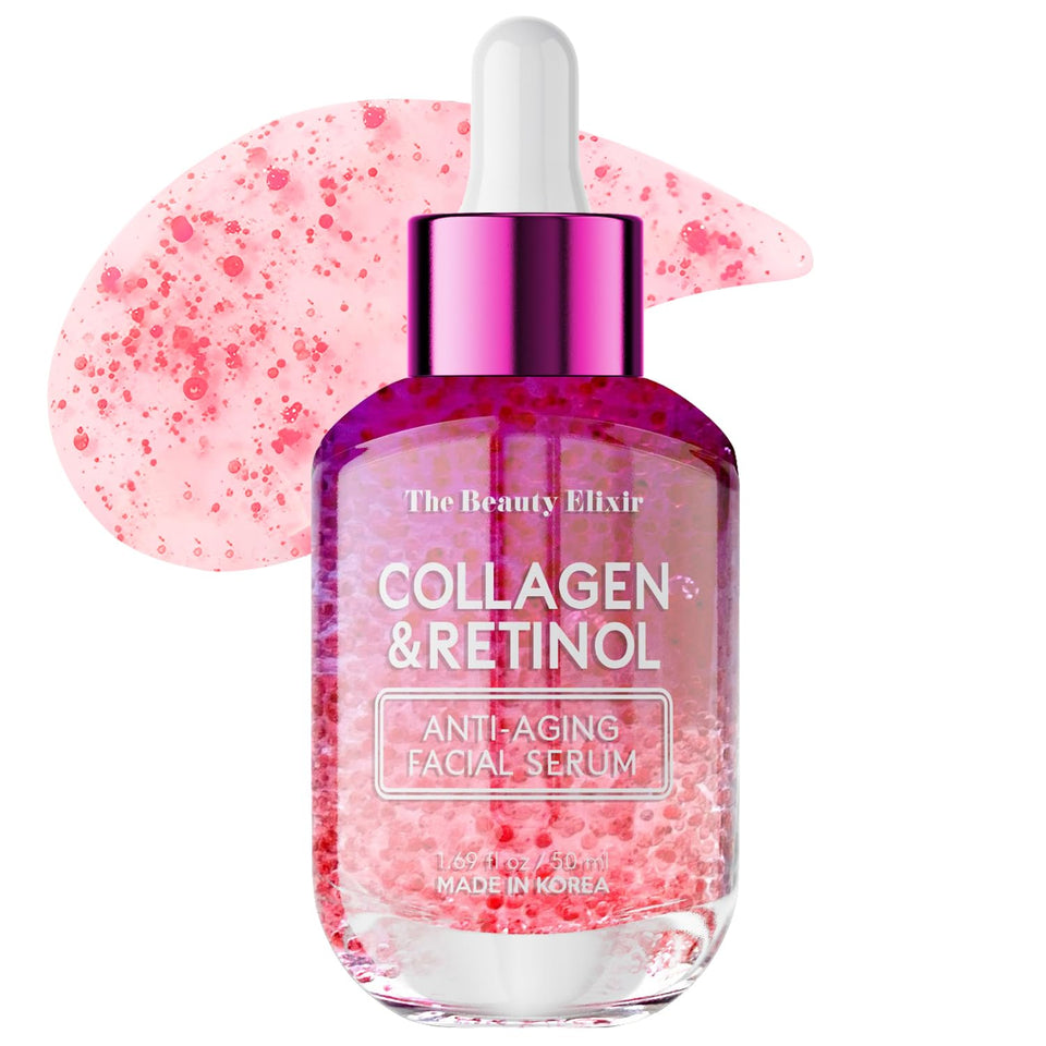 The Beauty Elixir front packaging showing elegant serum bottle and clean design benefits