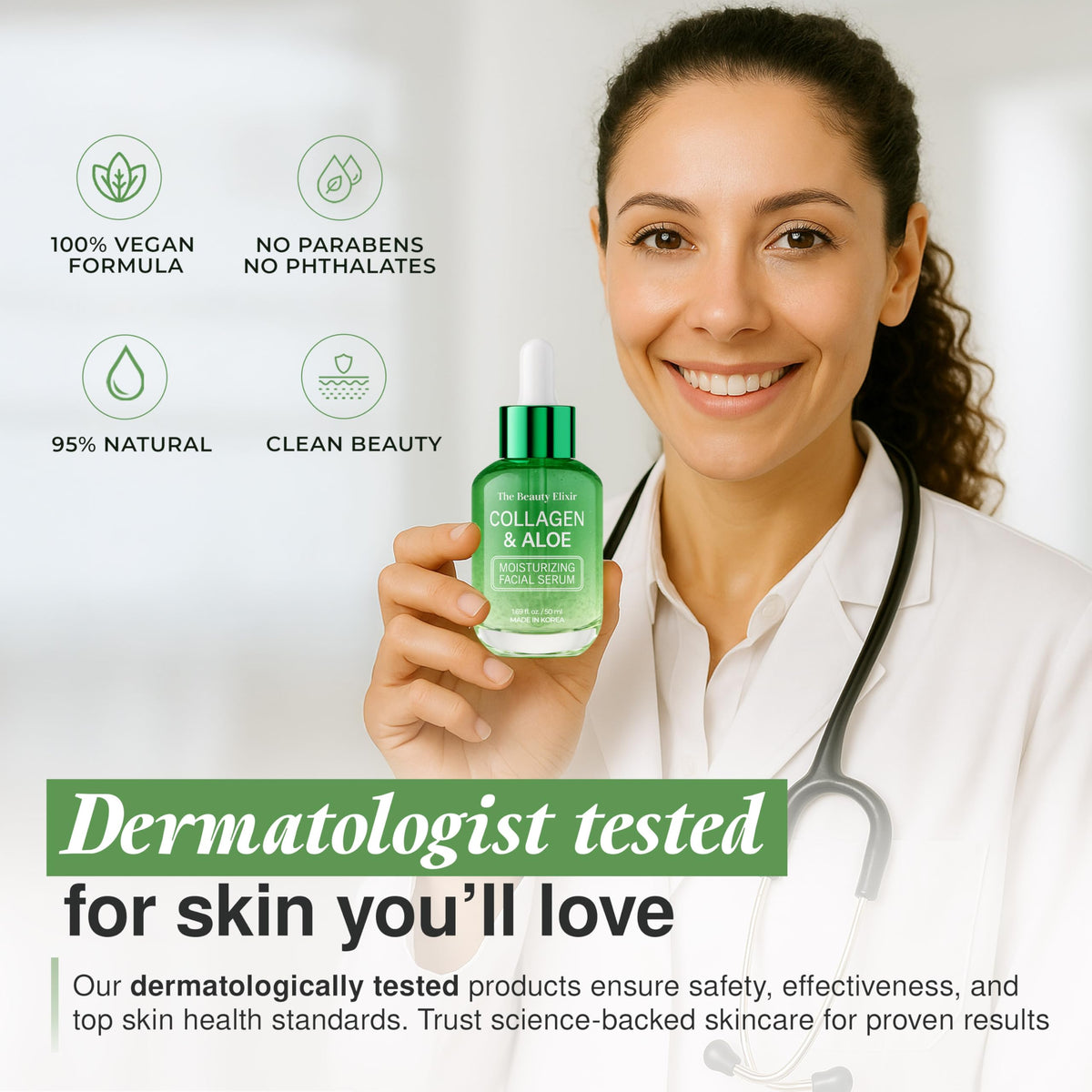 The Beauty Elixir ingredient label closeup emphasizing clean, vegan formula benefits