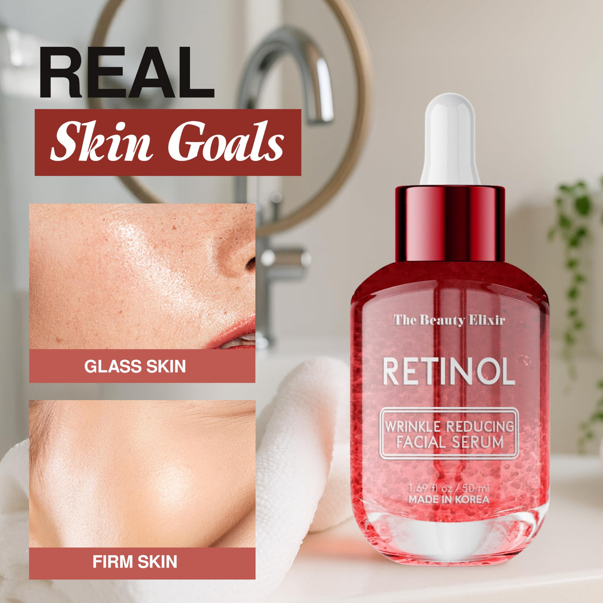 The Beauty Elixir serum on a vanity with moisturizer showing routine compatibility