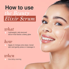 The Beauty Elixir serum texture close-up showing lightweight absorption benefit