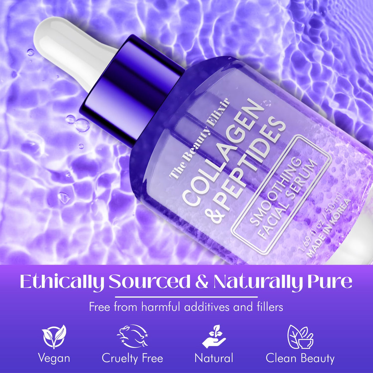 The Beauty Elixir beside a hand to show 1.69oz size and travel-friendly benefit