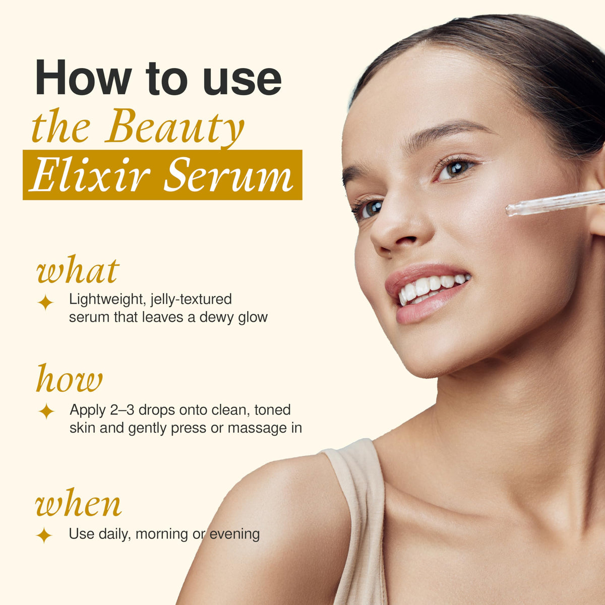 The Beauty Elixir lightweight serum texture demonstrating smooth absorption