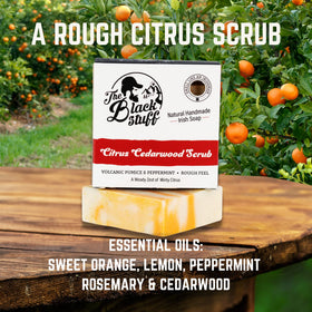The Black Stuff bay rum soap label detail showing ingredient callouts and artisan branding benefits