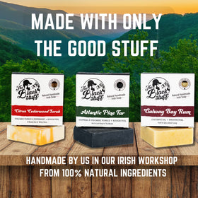 The Black Stuff pine tar soap close-up texture highlighting handcrafted surface and rustic appeal