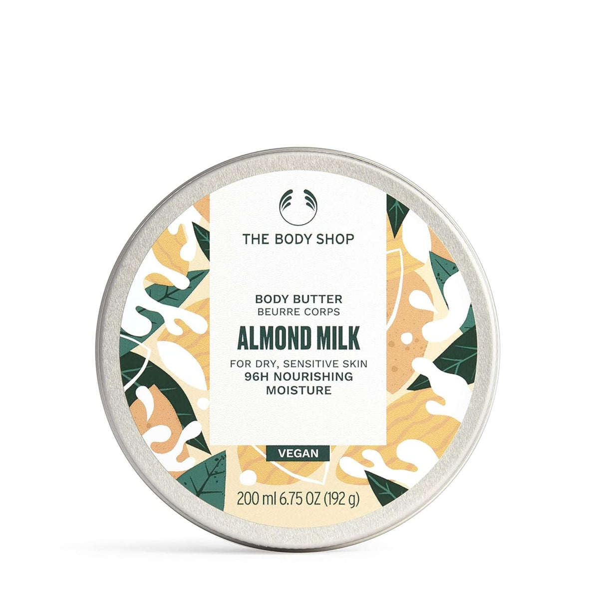 The Body Shop almond milk body butter jar front view showing nourishing packaging