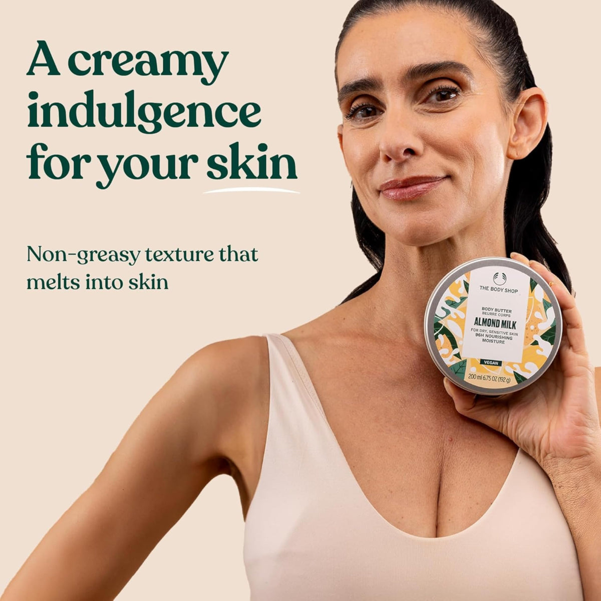 The Body Shop almond milk body butter key ingredients close-up highlighting natural origins