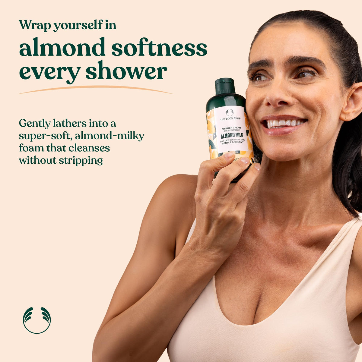 The Body Shop bottle in shower being used to show gentle cleansing routine and comforting almond scent