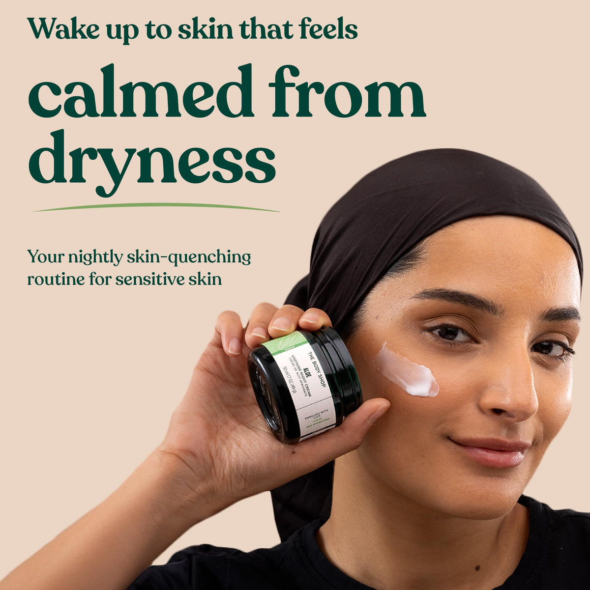 The Body Shop cream being applied on hand to show soothing, lightweight spread