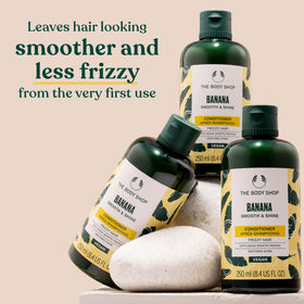 The Body Shop banana conditioner back label close-up lists ingredients and product claims clearly