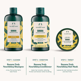 The Body Shop banana conditioner applied to hair cream lather demonstrates detangling benefit
