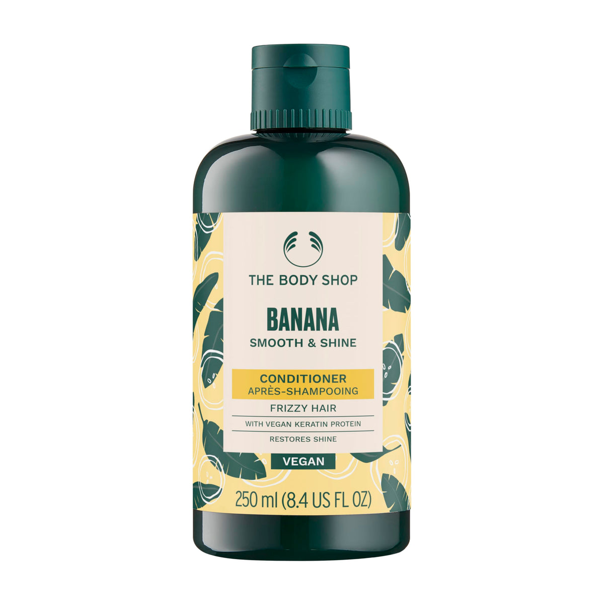 The Body Shop banana conditioner front packaging shows bottle and branding, appealing presentation