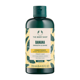 The Body Shop banana conditioner front packaging shows bottle and branding, appealing presentation