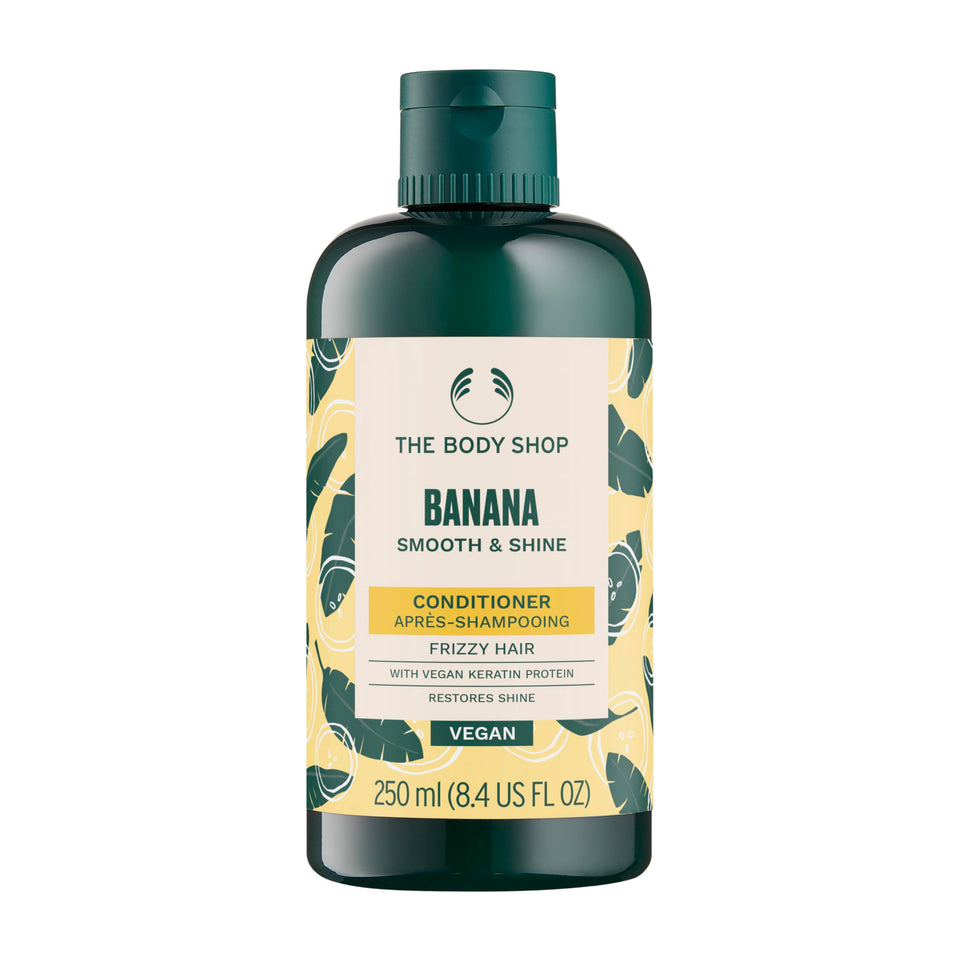 The Body Shop banana conditioner front packaging shows bottle and branding, appealing presentation