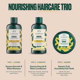 After using The Body Shop banana shampoo smooth hair shown shiny and frizz-reduced