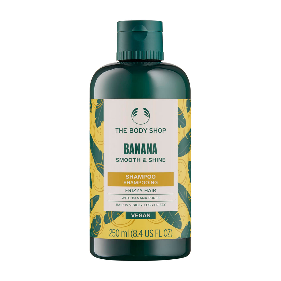 The Body Shop banana shampoo front packaging shows bottle and logo for easy identification