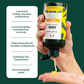 The Body Shop banana shampoo bottle on a shower shelf suggesting easy everyday use