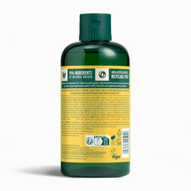 The Body Shop banana shampoo label close-up highlighting ingredients and vegan claim benefit
