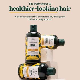 The Body Shop banana shampoo creamy texture close-up illustrating smooth lathering ability