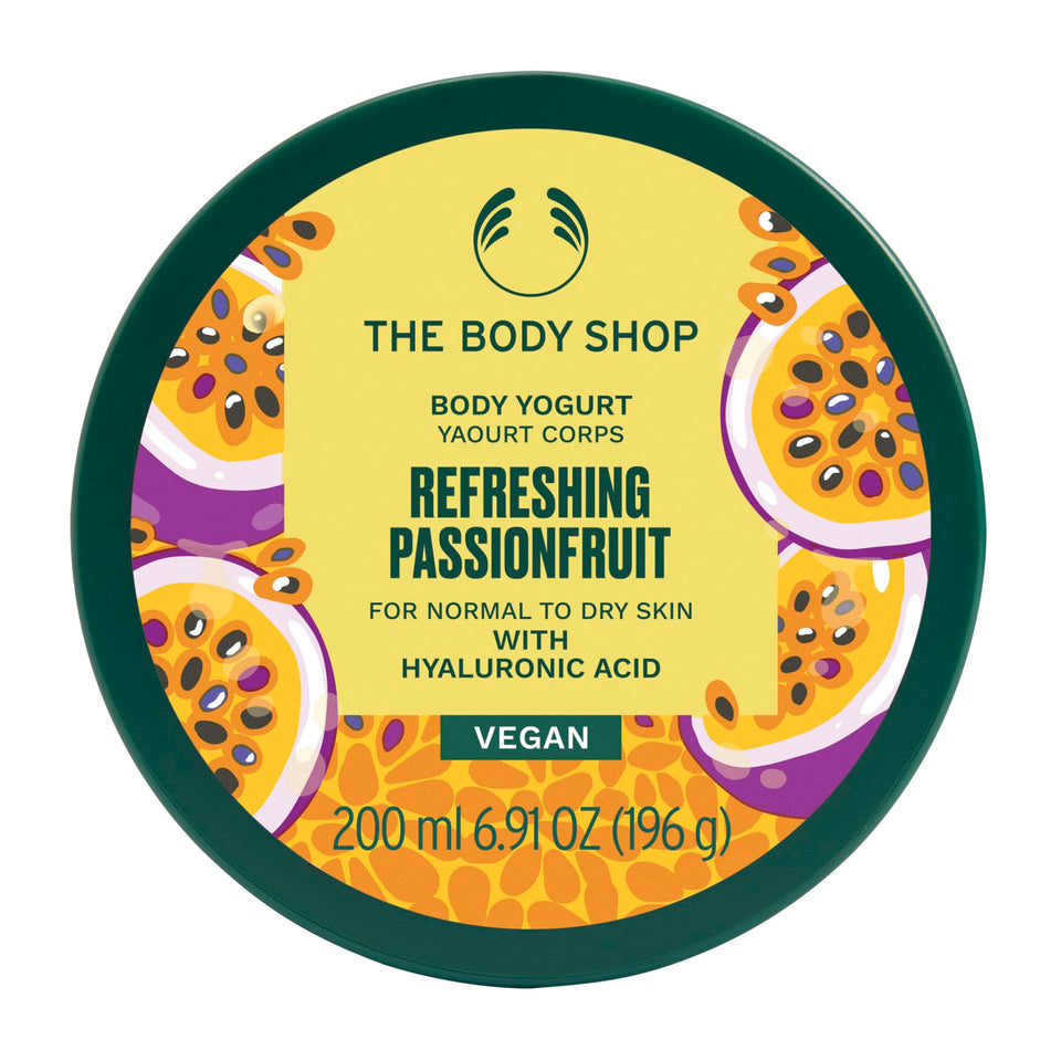 The Body Shop passionfruit body yogurt front packaging showing 200ml and fast-absorbing benefit