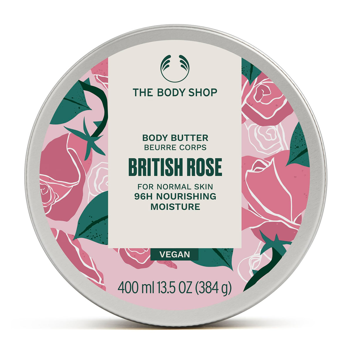 The Body Shop British Rose jar front view showing packaging and volume benefit