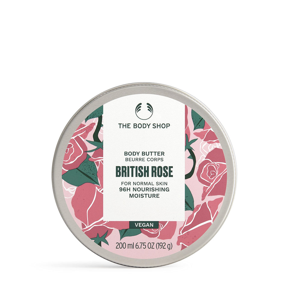 The Body Shop British Rose front tub showing label and size benefit: clear product identity