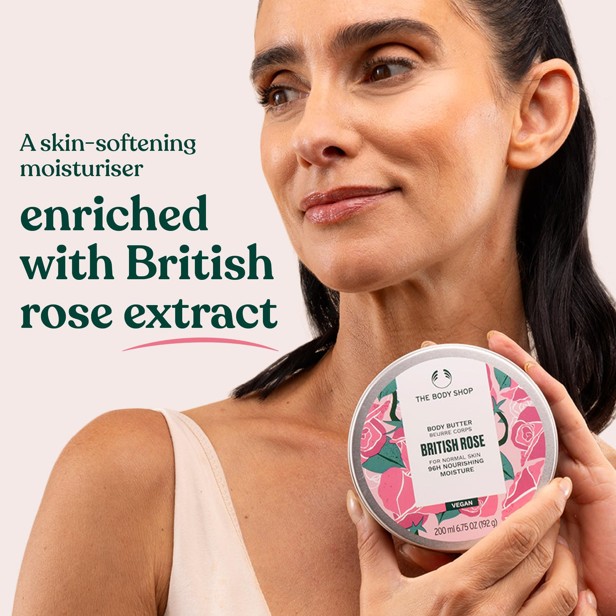 The Body Shop British Rose with shea butter scoop highlighting nourishing, fair-trade ingredient