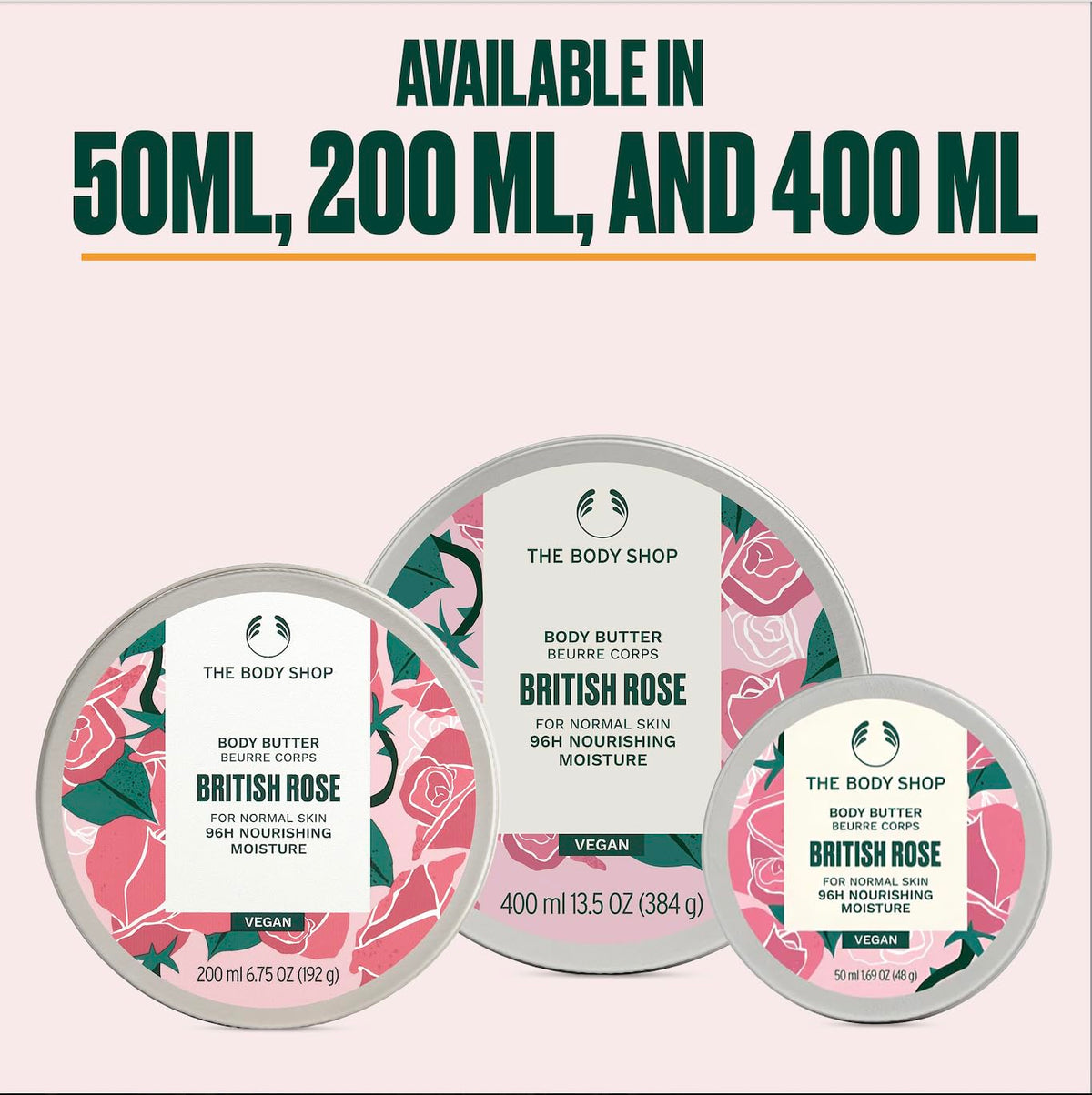 The Body Shop British Rose on bathroom vanity styled with roses showing sensory floral experience