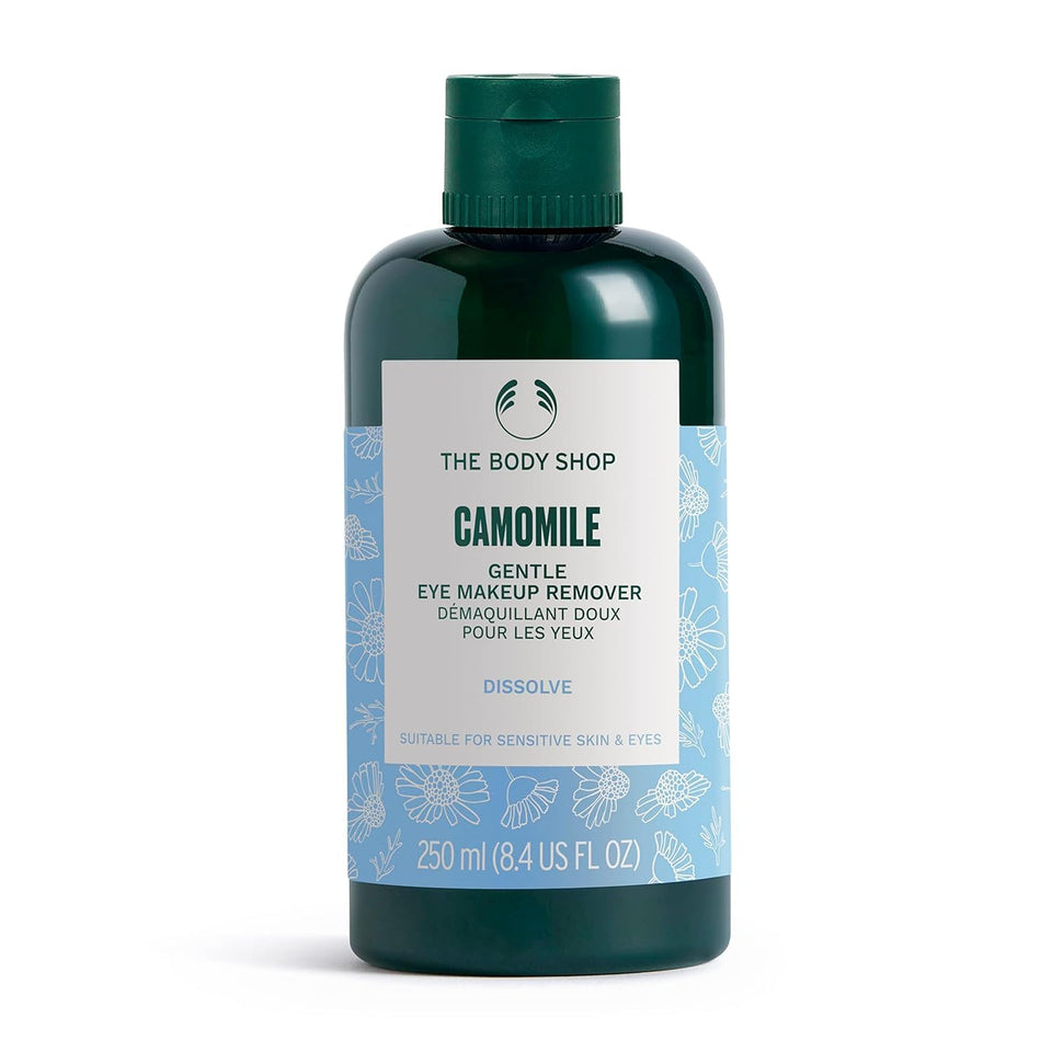 The Body Shop chamomile eye remover front bottle showing product and branding, gentle cleansing benefit