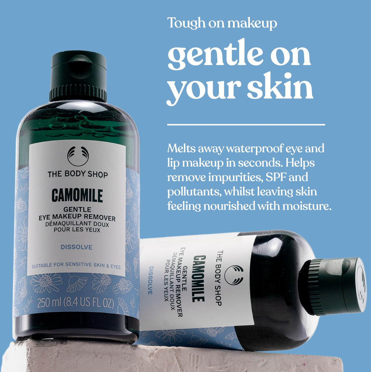 The Body Shop chamomile remover pouring onto cotton pad, demonstrating fast makeup-dissolving action
