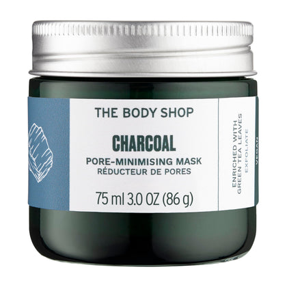 The Body Shop front packaging showcasing the charcoal mask and benefits