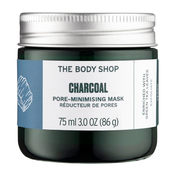 The Body Shop front packaging showcasing the charcoal mask and benefits