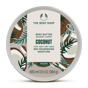 The Body Shop coconut body butter front jar showing label and size benefits