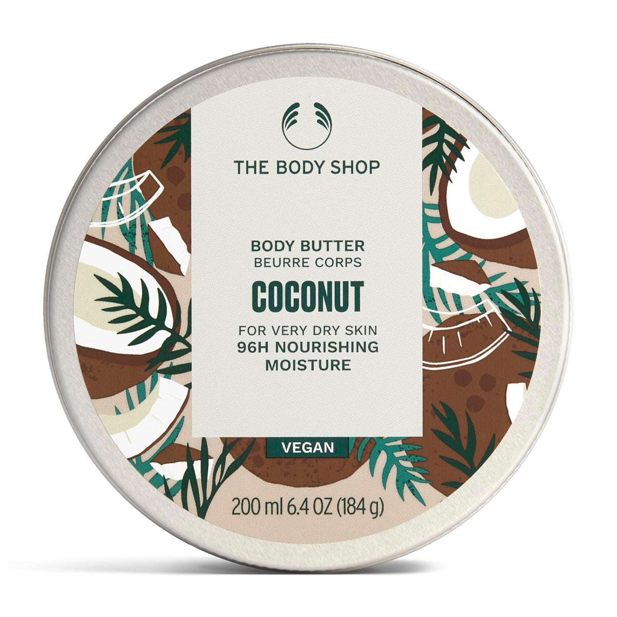 The Body Shop coconut body butter front packaging showing jar and brand benefits
