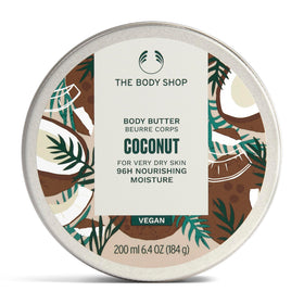 The Body Shop coconut body butter front packaging showing jar and brand benefits