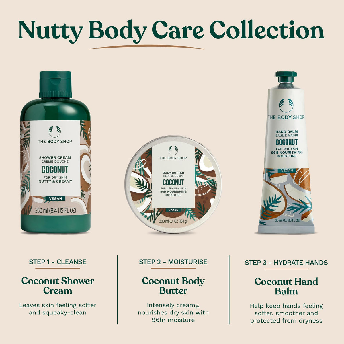 The Body Shop coconut body butter with coconuts illustrating Community Fair Trade sourcing