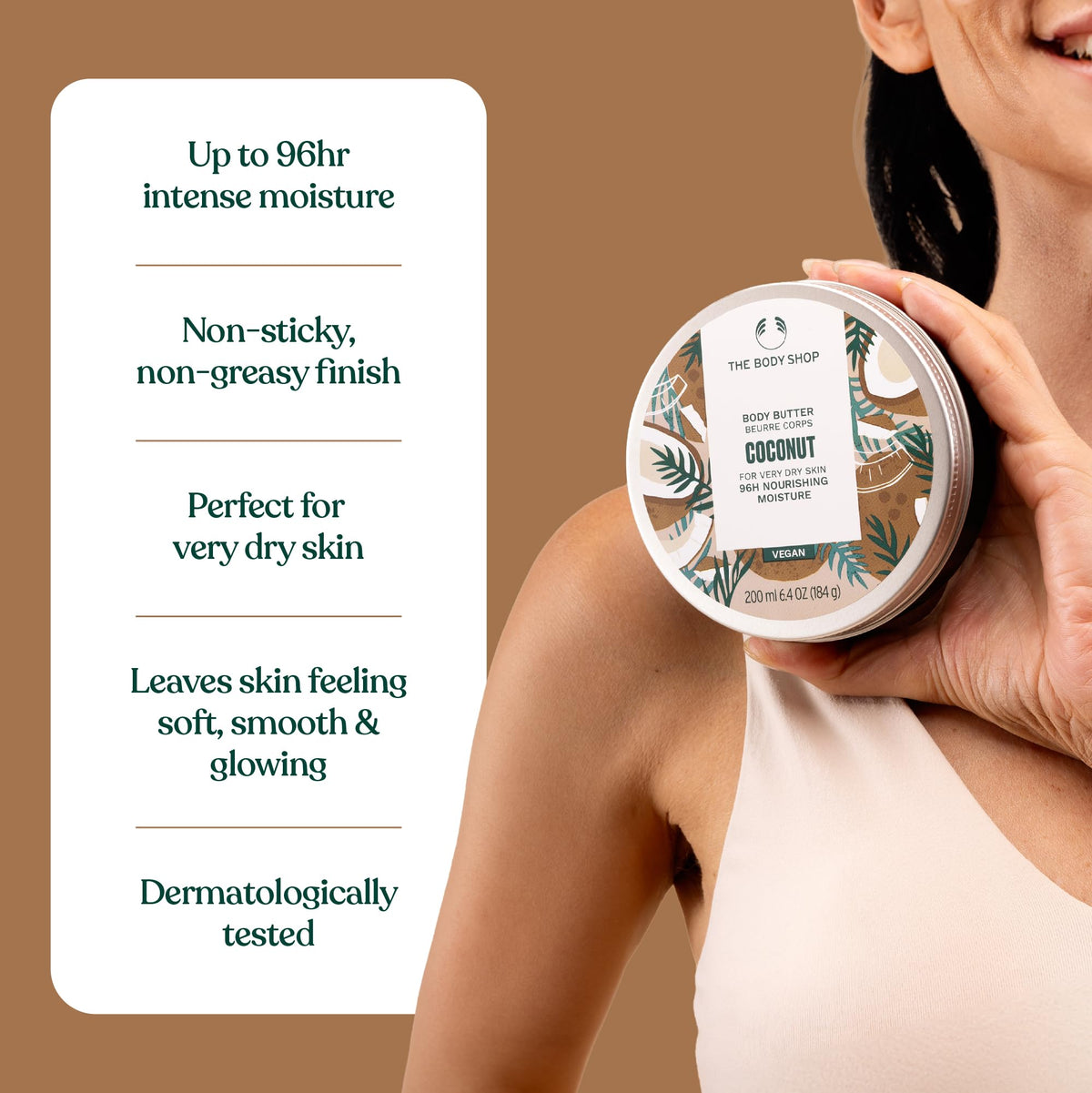 The Body Shop coconut body butter recyclable tub and aluminium lid showing eco benefits