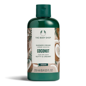 The Body Shop coconut shower cream front bottle highlighting packaging and benefits