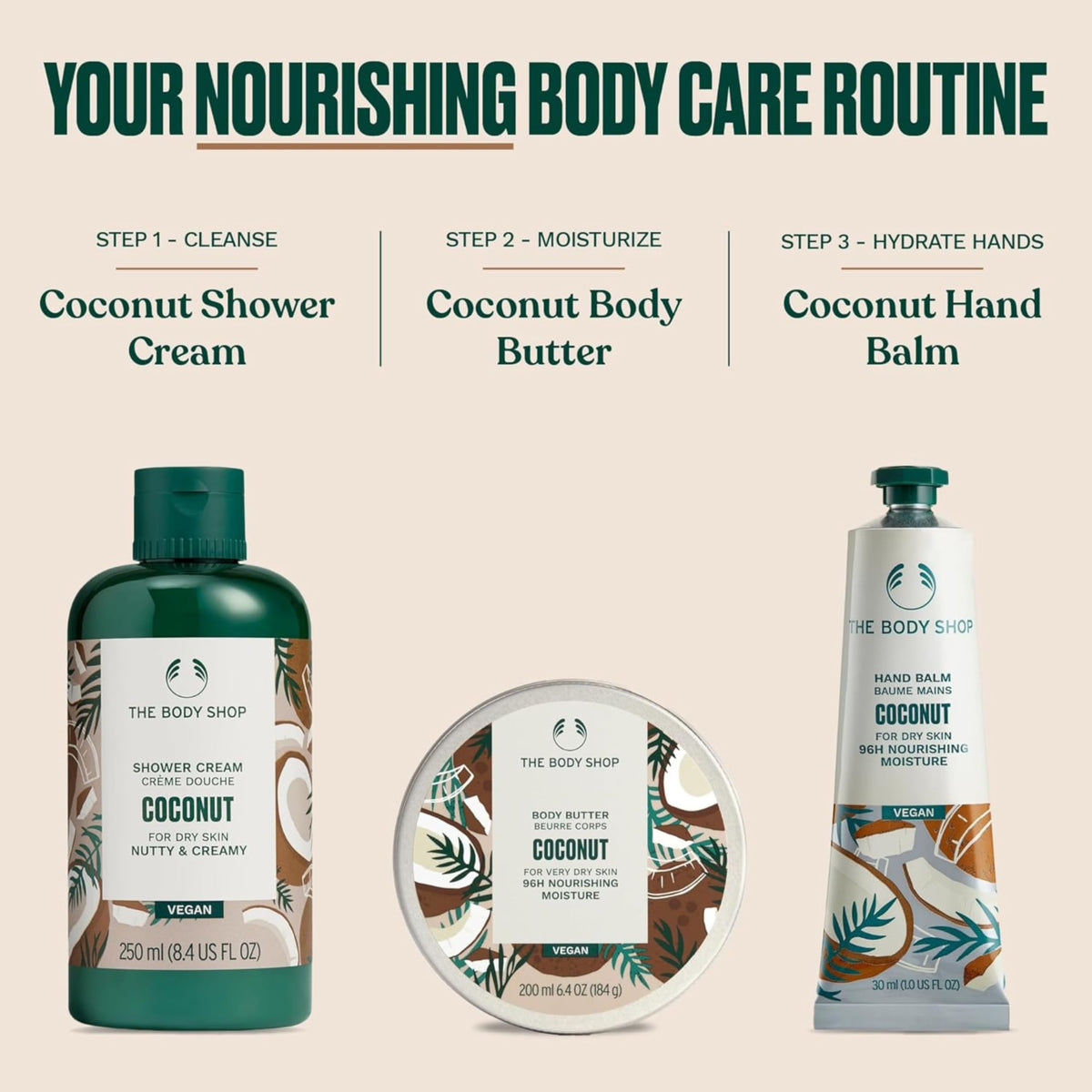 The Body Shop coconut shower cream displayed in bathroom conveying calming shower ritual
