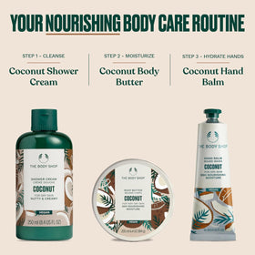The Body Shop coconut shower cream displayed in bathroom conveying calming shower ritual