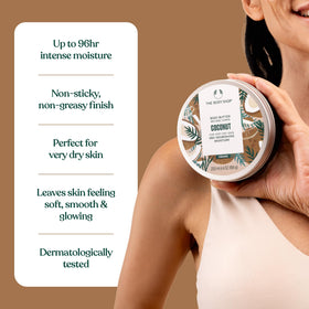 The Body Shop coconut body butter next to a 200ml scale to show size and value