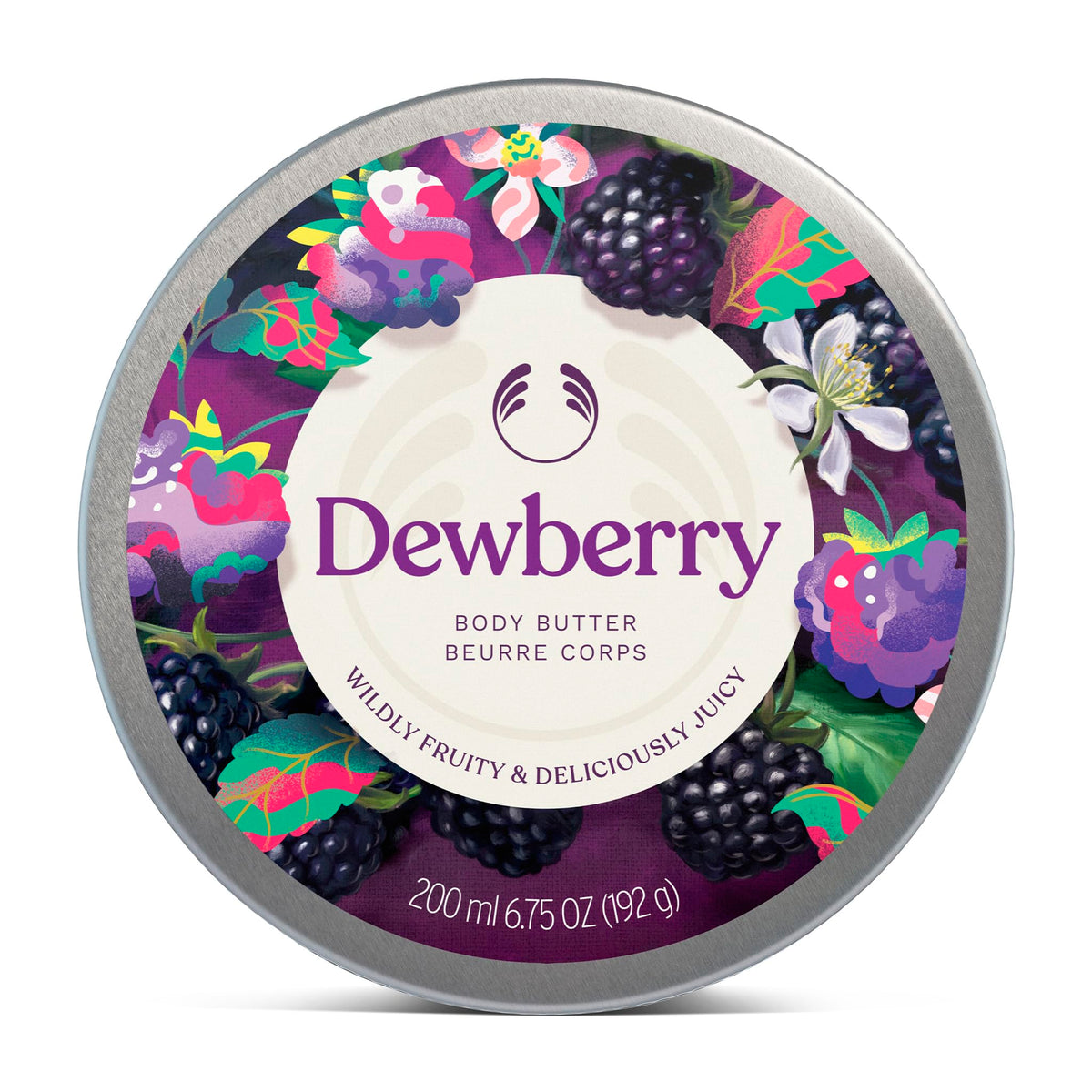 The Body Shop Dewberry tub front view showing packaging and size benefit