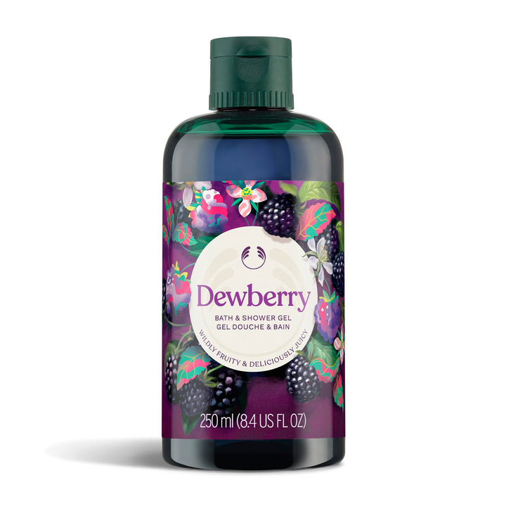 The Body Shop bottle front packaging showing Dewberry label and volume benefit