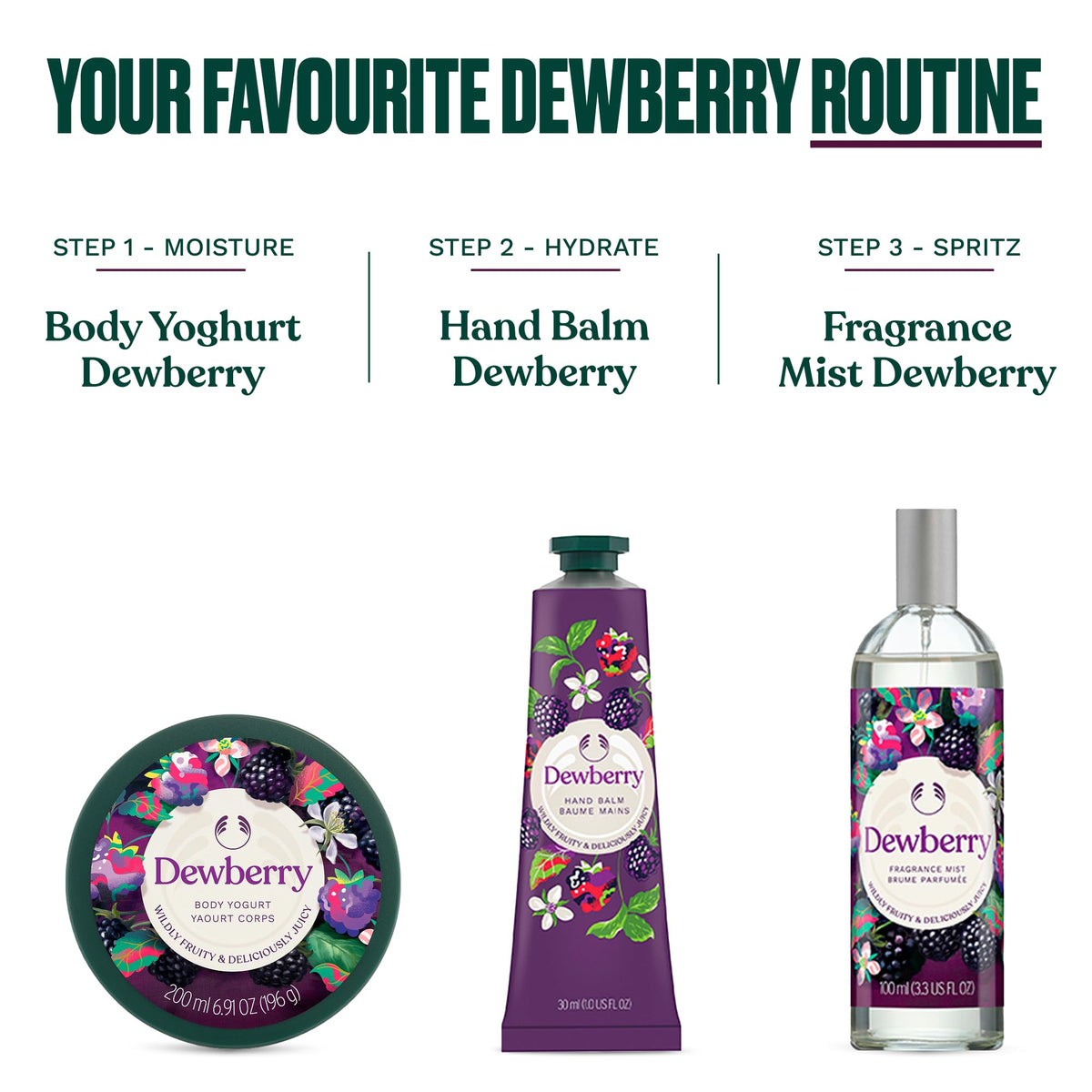 The Body Shop Dewberry on bathroom shelf with towel showing everyday routine benefit