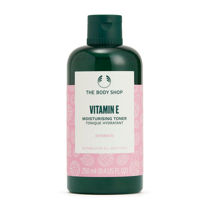 The Body Shop front packaging of Vitamin E toner showing bottle and label benefits