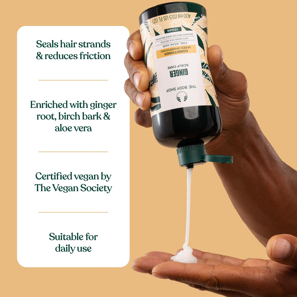 Ingredient label of The Body Shop ginger conditioner listing vegan silk protein and ginger for transparency