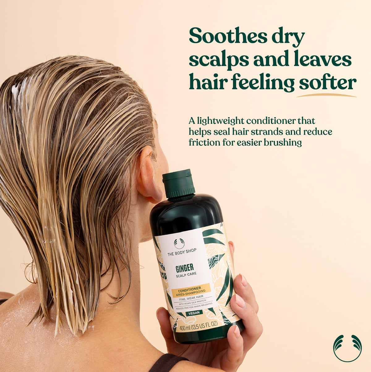 The Body Shop ginger conditioner pump and cap detail highlighting convenient dispensing and spill control